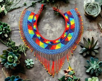 Handwoven Huichol Bib Necklace, Multicolor Beaded Mexico Jewelry
