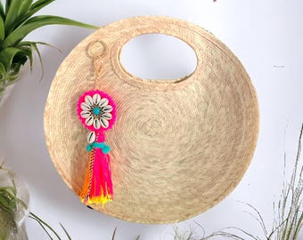 Handmade Woven Palm Bag, Mexican Tote with Shell Pendant