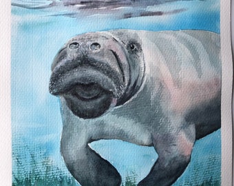Manatee Original Watercolor Painting Underwater Cute Animal