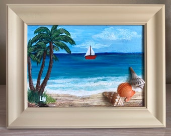 The ocean and palm trees on the beach mini acrylic painting embellished with seashells on canvas panel