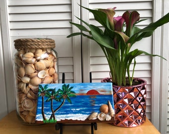 Tropical beach ocean sunrise palm trees mini acrylic painting on wrapped canvas embellished with seashells