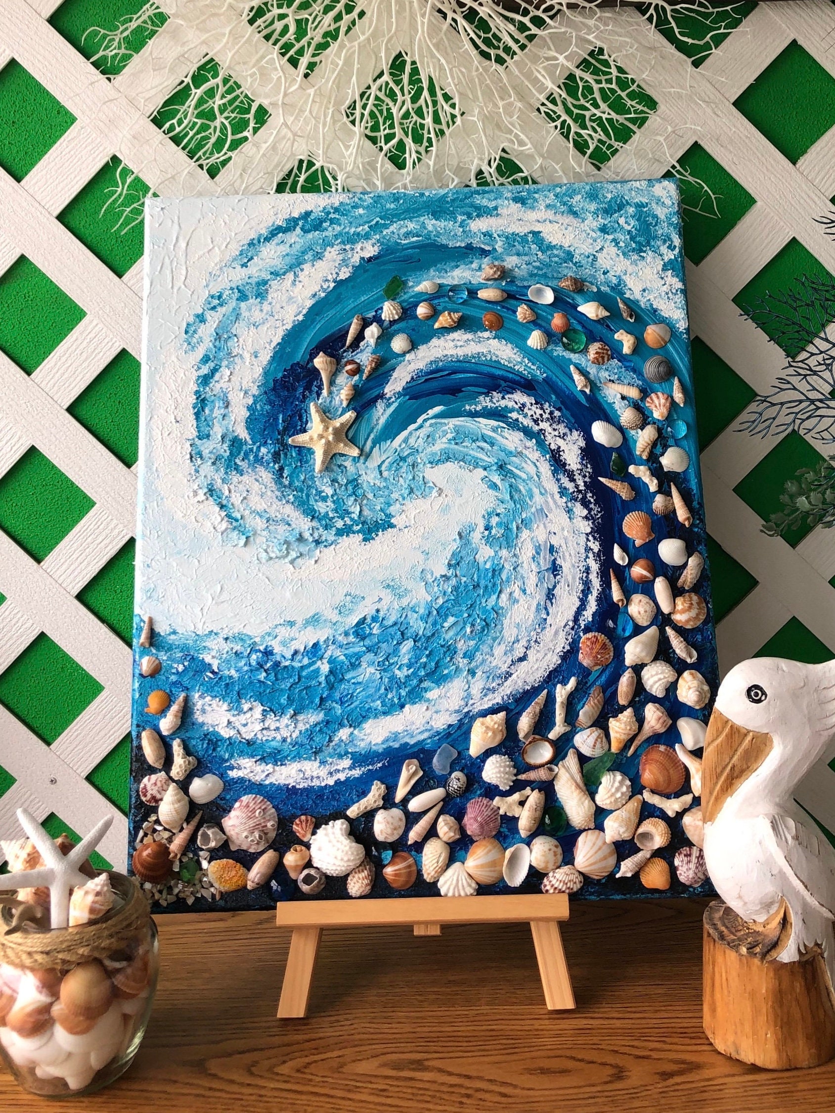 Bright blue ocean seashell abstract wave coral starfish colorful textured handmade original acrylic painting on canvas sea glass coastal art