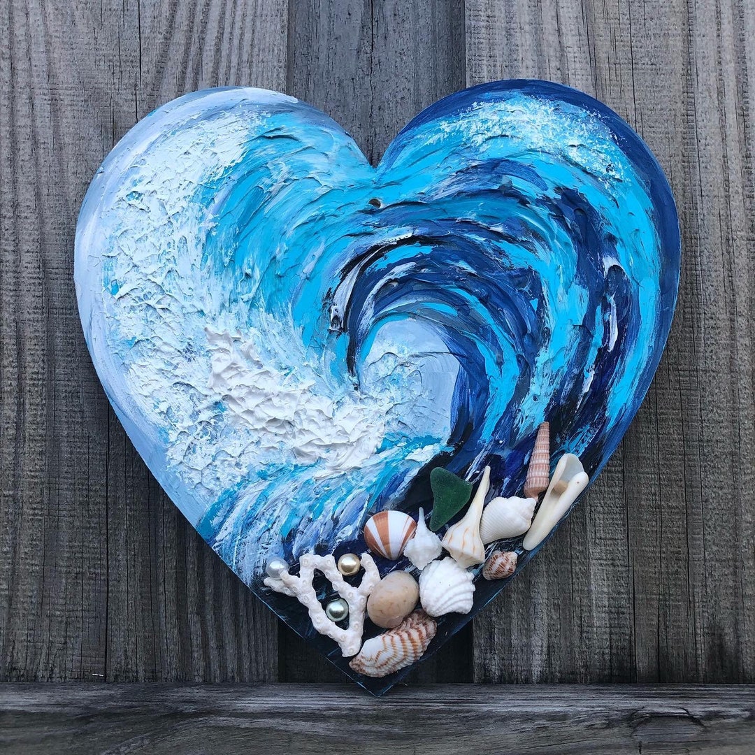 Colorful Heart Shaped Ocean Wave Original Hand Painted Wooden Plaque ...