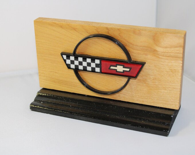 Chevrolet Corvette Emblem Desk Plaque Unique automotive art with an original vehicle emblem for garage shop or man cave #AE-050
