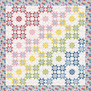 May include: A colorful quilt with a patchwork design featuring a repeating pattern of stars and flowers. The quilt is made up of squares of different colors, including red, pink, blue, green, and yellow. The quilt is bordered by a row of small flowers.