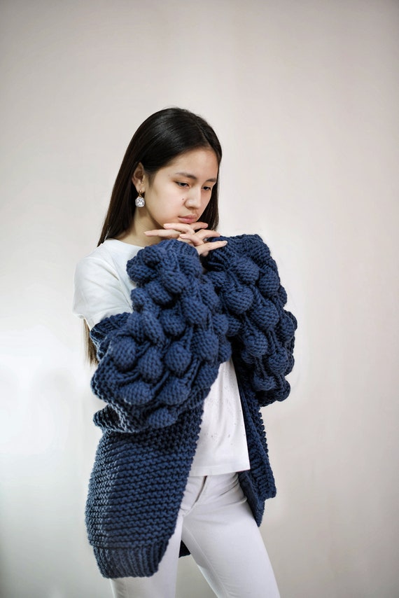 blue chunky knit sweater