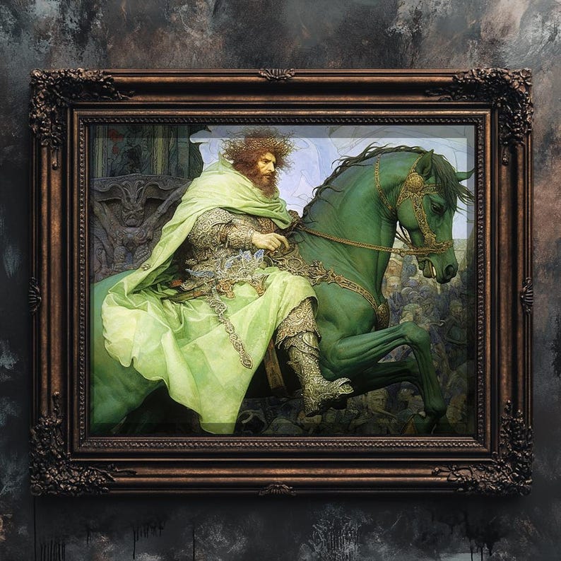 Enchanting 'The Green Knight' Satin Poster: Mythical Medieval Art for Nature, Fantasy & History Lovers image 1