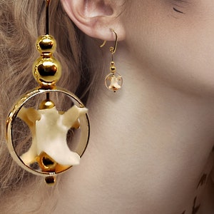 Bone gold filled drop earrings in Gothic style, 1.25" with rattlesnake vertebrae