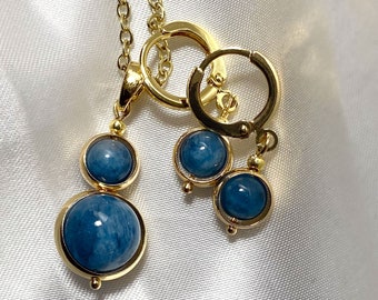 Deep blue kyanite gold filled pendant & hoop earrings set. An elegant set that's a discreet little fidget toy too. March birthstone.