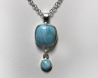 Natural Blue Caribbean Larimar and sterling silver pendant with double Larimar drop, 1.45" with bail