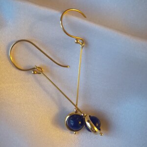Lapis lazuli and gold/vermeil drop earrings in minimalist style, 1.5 drop Orbits series image 5