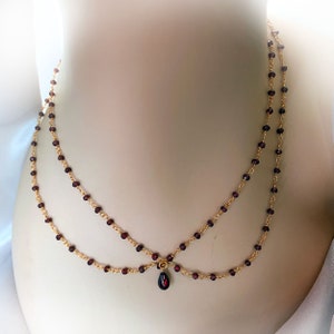 Feminine and dainty wine red natural garnet gold vermeil or plated double rosary necklace with deep red garnet drop, January birthstone