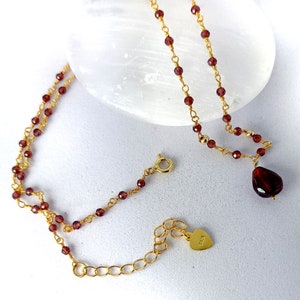 Feminine and dainty vermeil or sterling garnet rosary chain necklace, 16"-18" with extender, January birthstone