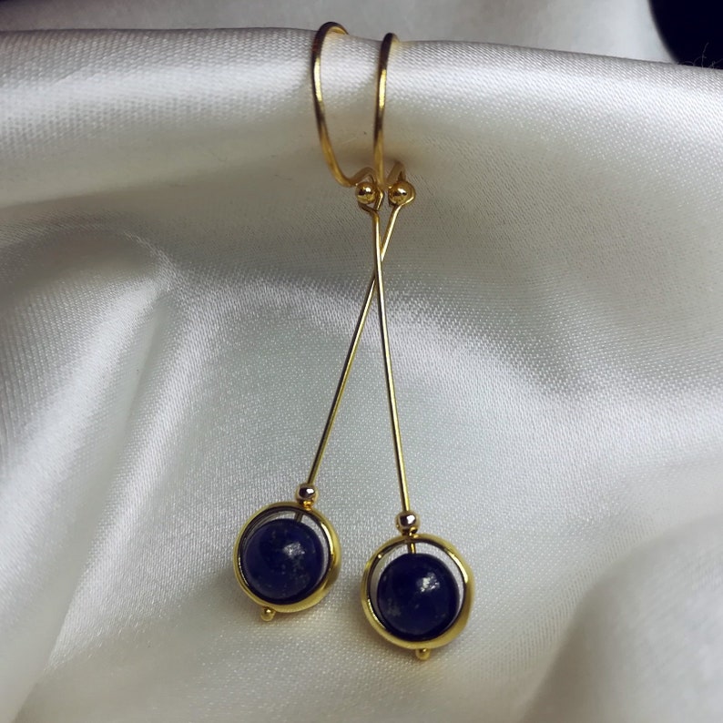 Lapis lazuli and gold/vermeil drop earrings in minimalist style, 1.5 drop Orbits series image 4