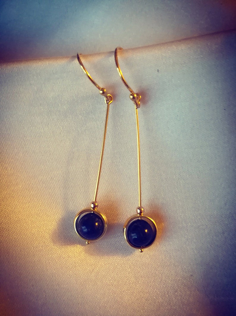 Lapis lazuli and gold/vermeil drop earrings in minimalist style, 1.5 drop Orbits series image 1