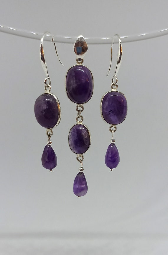 February birthstone BoHo beauty amethyst and sterling silver pendant and earrings set - February birthstone