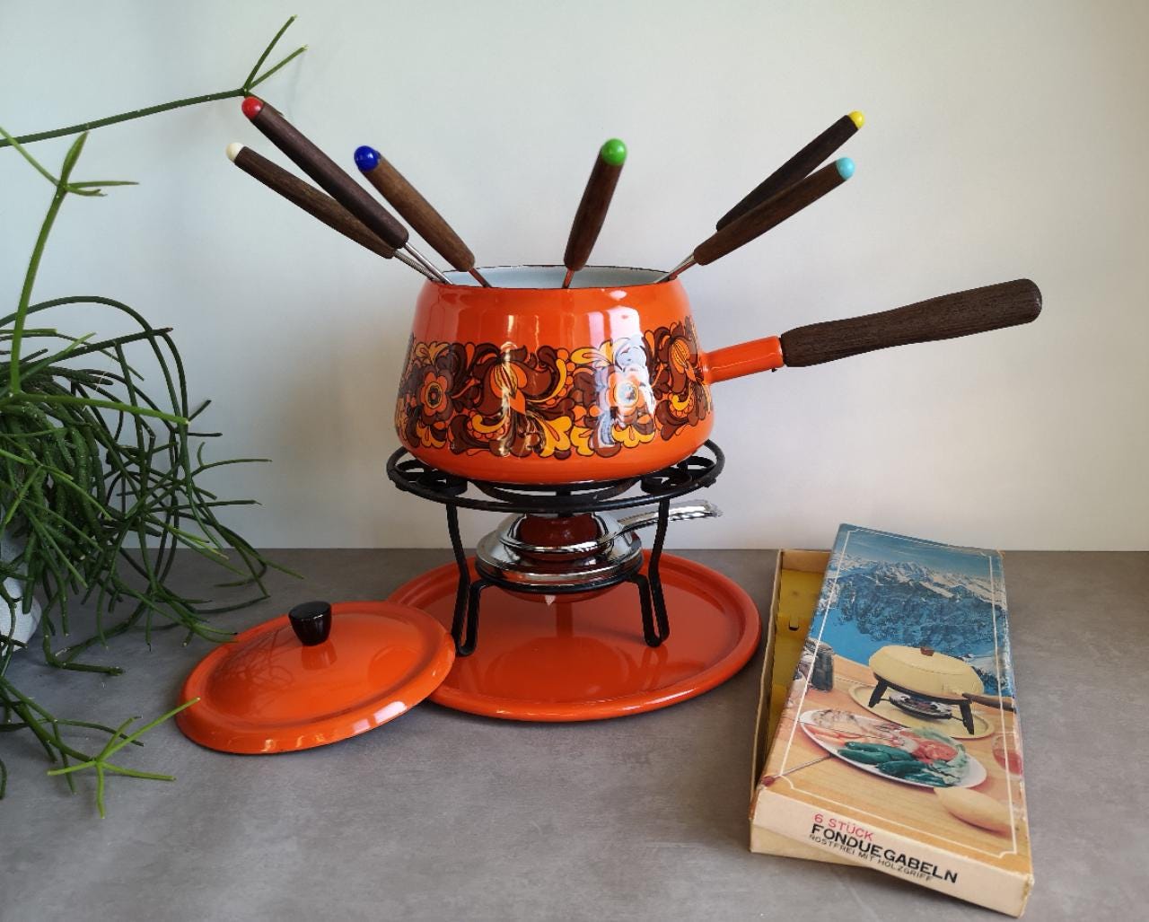 SERVICE A FONDUE Le Creuset En Fonte Orange Avec 8 Fourchettes Le