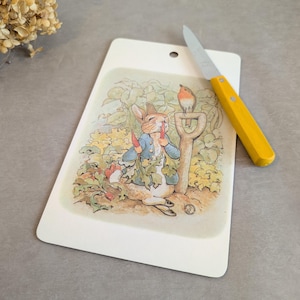 May include: A rectangular white cutting board featuring a printed illustration of a rabbit in a blue jacket holding carrots in a garden with a small bird and a shovel. A small paring knife with a bright yellow handle rests on the board.