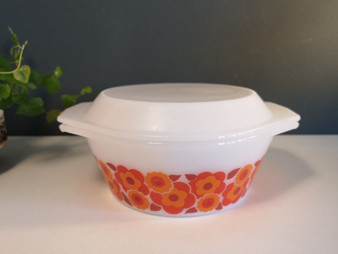 Plat Saladier Arcopal Vintage – Motif Fleurs De Lotus Orange, Années 70 – État Occasion