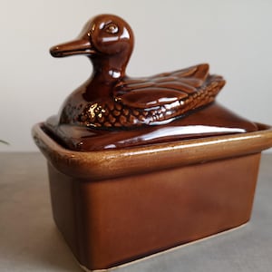Op de afbeelding: Een bruine keramische eendenbotervloot. De deksel heeft de vorm van een eend en de rechthoekige basis heeft een glanzende afwerking. Een decoratief keukenartikel.