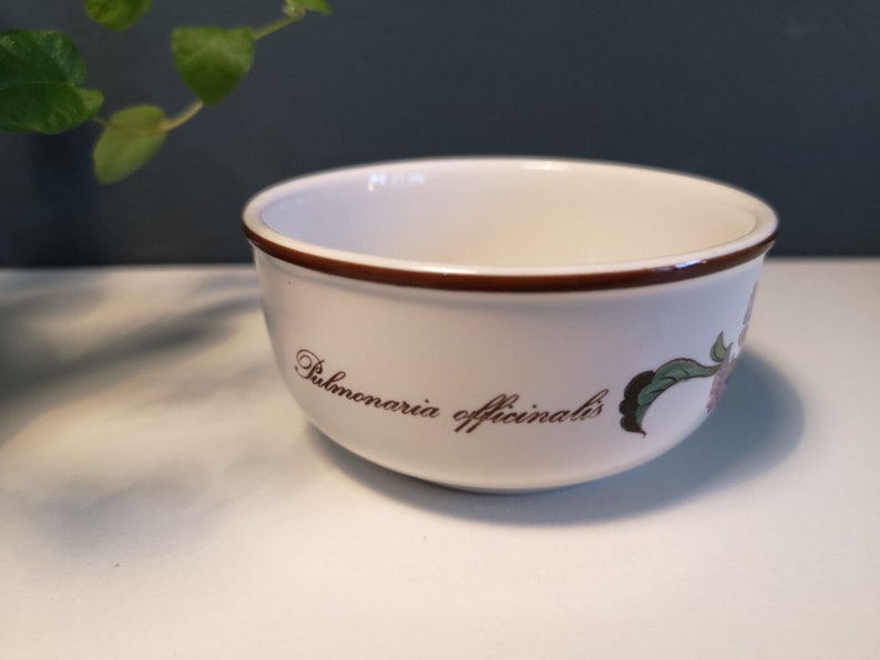 Może przedstawiać: Biała ceramiczna miska z brązową krawędzią i kwiatowym wzorem. Miska ma napis "Pulmonaria officinalis" nadrukowany na boku.