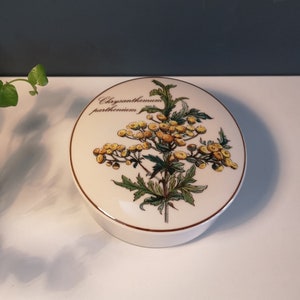 Może przedstawiać: Okrągłe pudełko z białej ceramiki z pokrywką przedstawiającą botaniczny rysunek rośliny Chrysanthemum parthenium z ż&oacute;łtymi kwiatami i zielonymi liśćmi.