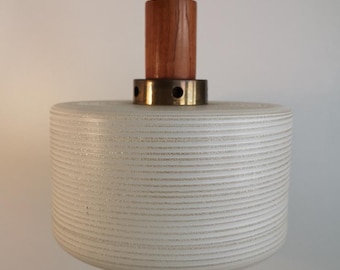 Mid Century hanging lamp, Scandinavian design with white textured glass and teak.