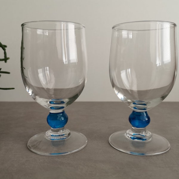 Vintage ARC France wine glasses with blue ball stem, set of 2.