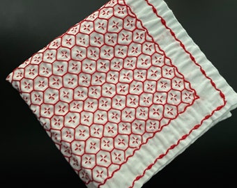 Sashiko Japanese Embroidery Towel *Hana-Fukin*  Tortoiseshell and Chinese Flower (KIKKO-HANA-ZASHI)