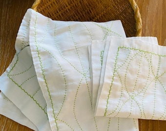 Sashiko Japanese Embroidery Towel *Hana-Fukin* Set of 2 - Light Green Leaves