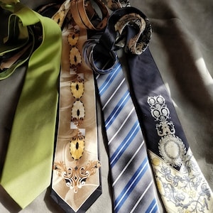 4 Vintage zijden stropdassen, 100 procent zijde, Fancy design, Effen groen, blauwgrijs