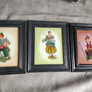 3 Backside painted Glass Pictures, German folk Dress, Vintage, hand painted