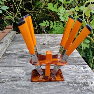 Set bakelite fruit knifes, late art deco, galalith, fruit knifes in bakelite stand,