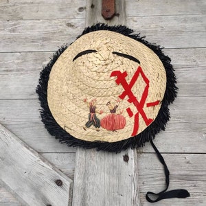 50s costume kuli hat, Chinese costume hat, mid century, nice bast rafia embroidery