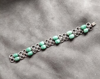Bracelet En Argent Sterling 925 - Pierre Principale Aqua Verte/bleue Facettée - Taille 8,25 Pouces - Vintage