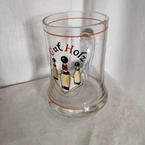 Antiker deutscher Glas Bierkrug, Bowlingverein, Kegelverein, ca 1920, 0,4 l ,gut Holz!