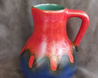 Kleine rote und blaue westdeutsche Keramik Vase, Mitte des Jahrhunderts, Fett Lava Ära, Keramik Vase
