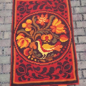 Colorfull 60s Rug, wall carpet, scandinavian style , orange with bird