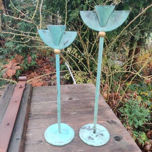 Pair of Distressed 80s Memphis style candle holder, metall candlestick holder