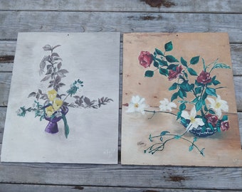 2 Vintage Ikebana paintings, flower arrangements, still life