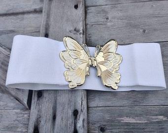 Vintage butterfly buckle belt, ca 1970-80, white belt, small size