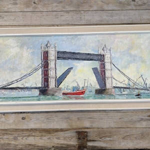 Mid century painting London tower Bridge, real oil painting, MCM large London painting, Ship, cityscape