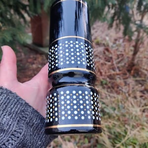 Black glass vase with geometric enamel paint, vintage glass, mid century black vase