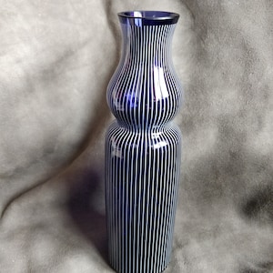 Fancy Vintage blue White Striped Glass Vase, 60s, 70s , dark blue Art glass