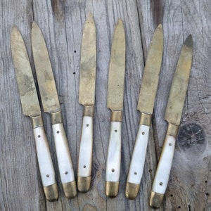 6 Bronze und Perlmutt Obstmesser, Mop, Vintage kleine Messer