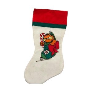 Gorgeous collectible and vintage Garfield and Pooky stocking, feed me, cat, Christmas, red.