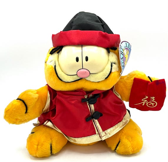 vintage Garfield 15周年記念 ぬいぐるみ チャイナ服 80's Gorgeous Collectible and Vintage Garfield Asian Cat, Stuffed, Push