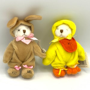 Può includere: Due orsacchiotti di peluche che indossano costumi. Un orso indossa un costume da coniglio marrone con accenti rosa. L'altro orso indossa un costume da anatra giallo con accenti arancioni.