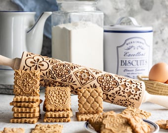 Gravierte Nudelholz – Teigroller aus Holz mit 3 mm Tiefgravur | Perfetto per Kekse, Plätzchen e Geschenk für Backfans- Portugiesische Fliesen