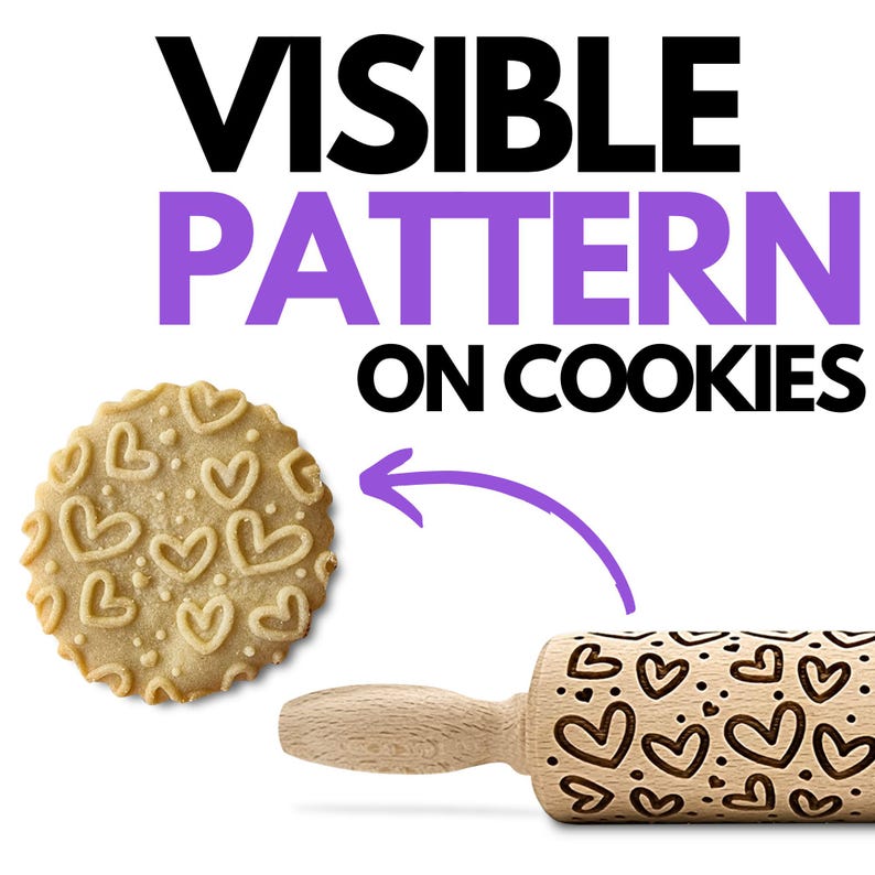 Peut inclure: Un rouleau &agrave; p&acirc;tisserie en bois avec un motif en forme de c&oelig;ur grav&eacute; &agrave; la surface. Le rouleau &agrave; p&acirc;tisserie est utilis&eacute; pour cr&eacute;er un motif visible sur les biscuits. L'image montre &eacute;galement un biscuit avec le motif en forme de c&oelig;ur.